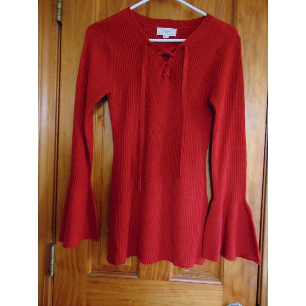 No Comment Women's Lace-Up V-neck Sweater, Bell Sleeve, Side Slits SZ M